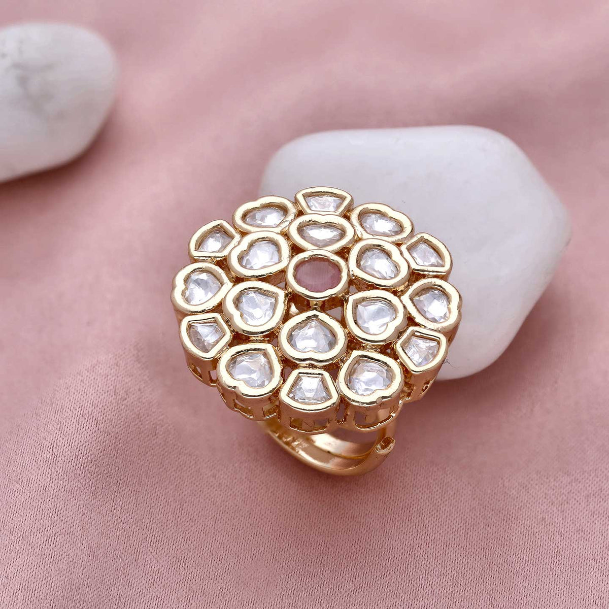 Pink & White Kundan Polki Ring - ESKU301800476