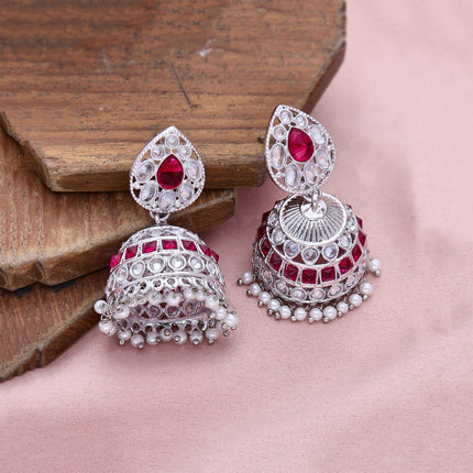 White & Rani Pink Stone Rhodium Jhumka Earrings - ESKU301800074