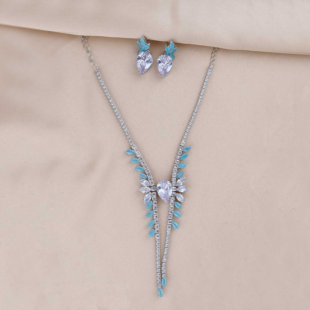 Diamond & Sky Blue Stone Necklace Set - ESKU301800306