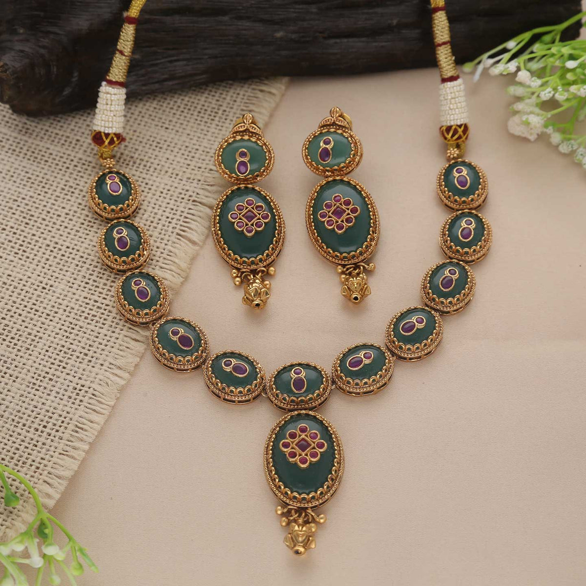 Green Teardrop Necklace Set - ESKU30250617