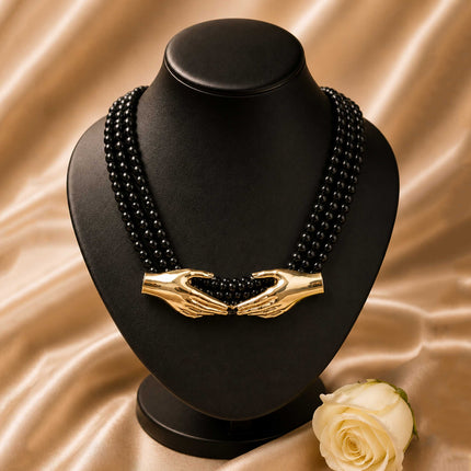Multi-Strand Black Bead Statement Necklace - ESKU30251115