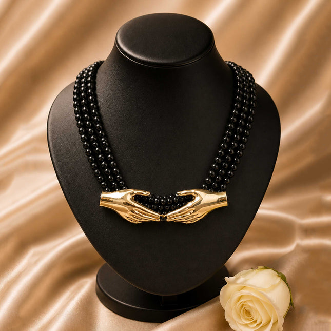 Multi-Strand Black Bead Statement Necklace - ESKU30251115
