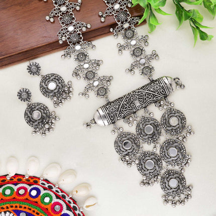 Floral and Mirror Work Long Necklace Set - ESKU30251137