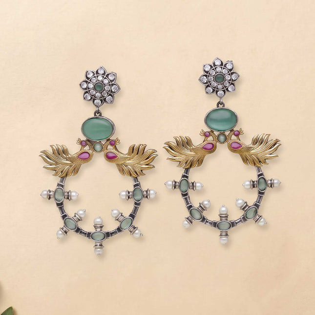 Peacock Oxidised Long Earrings 
 - ESKU30251149