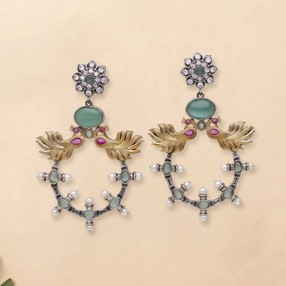Peacock Oxidised Long Earrings 
 - ESKU30251149