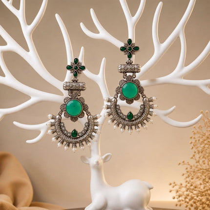 Oxidised Green Stone Chandbali - ESKU30251150