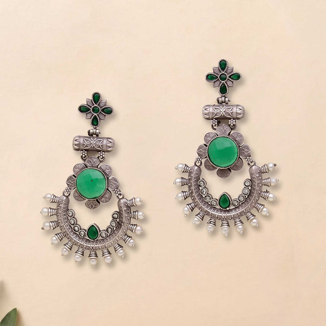 Oxidised Green Stone Chandbali - ESKU30251150