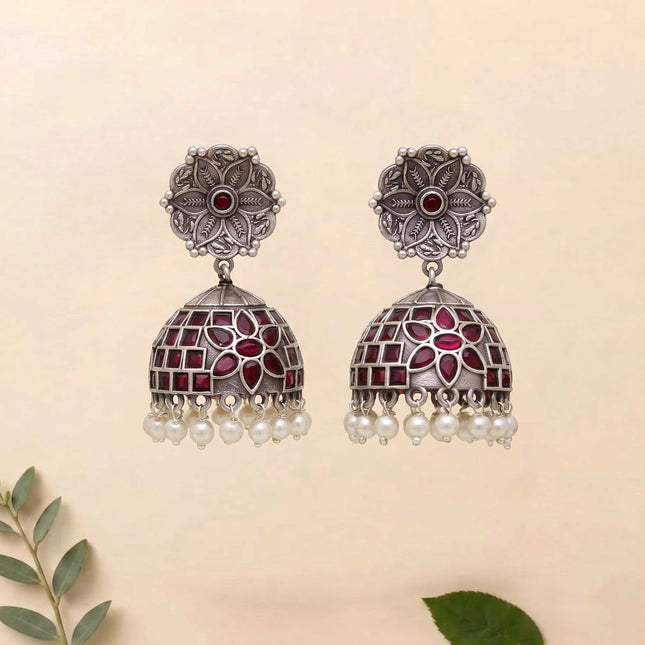 Oxidised Floral Jhumka Earrings - ESKU30251151