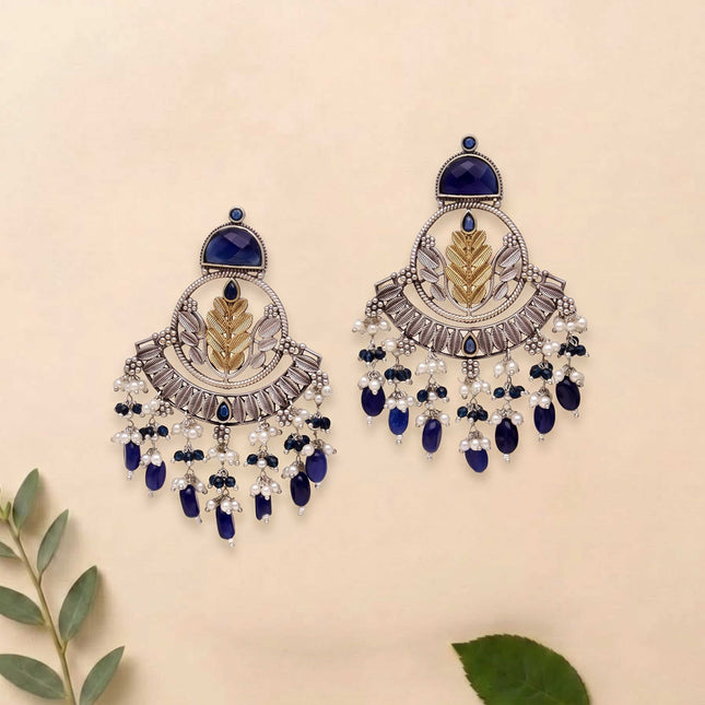 Leaf Shape Oxidized Silver Long Earring - ESKU30251153