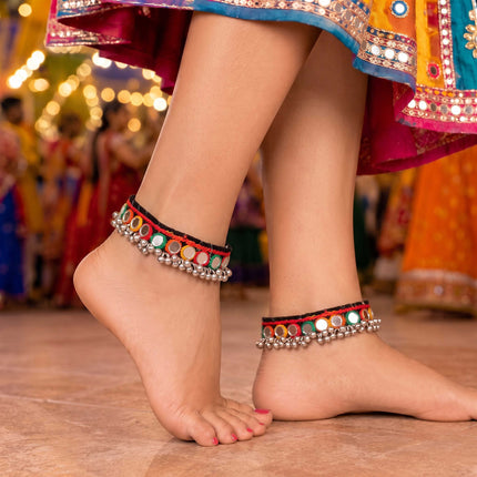 Mirrors and Dangling Silver Navratri Payal - ESKU30251186
