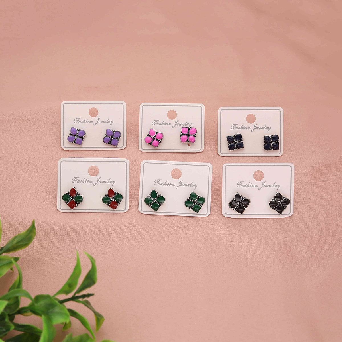 Pack 6 Oxidised Silver Stone Stud Earrings - ESKU30251224