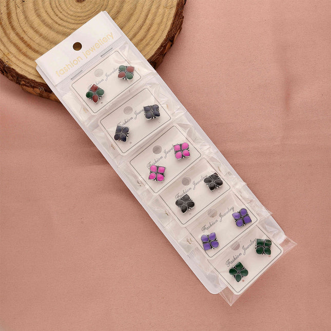 Pack 6 Oxidised Silver Stone Stud Earrings - ESKU30251224