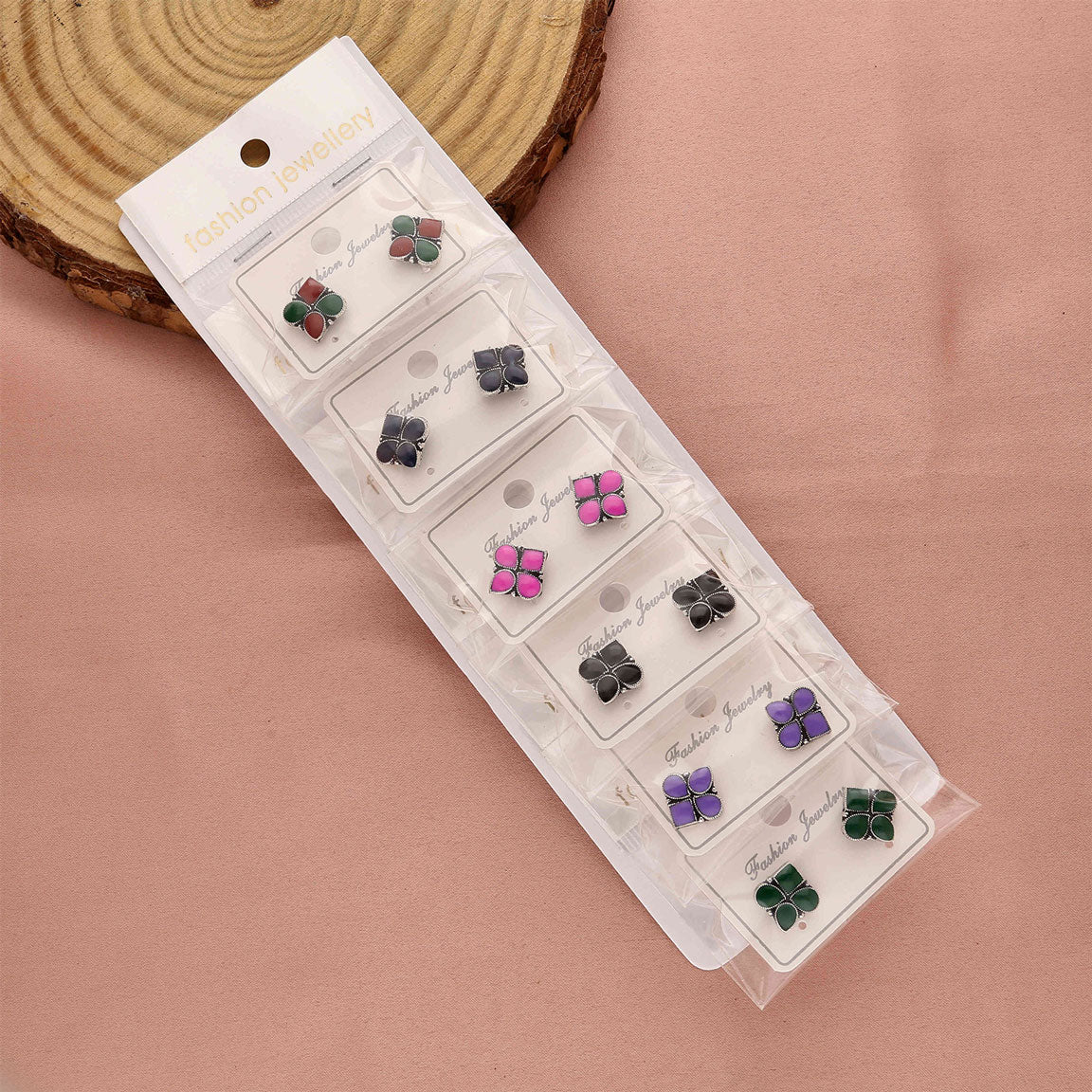 Pack 6 Oxidised Silver Stone Stud Earrings - ESKU30251224