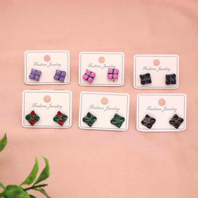 Pack 6 Oxidised Silver Stone Stud Earrings - ESKU30251224
