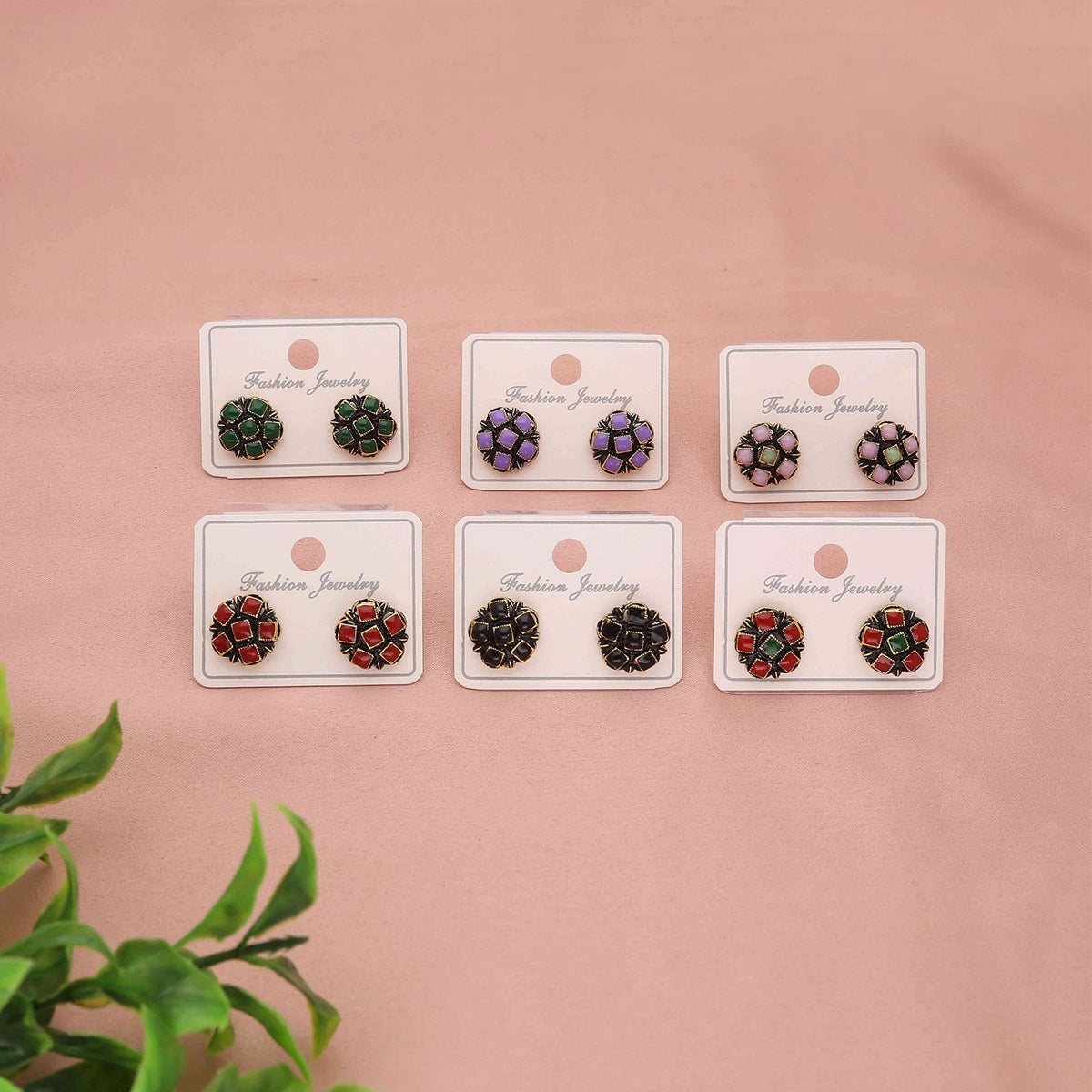 Pack 6 Oxidised Gold Stone Stud Earrings - ESKU30251225