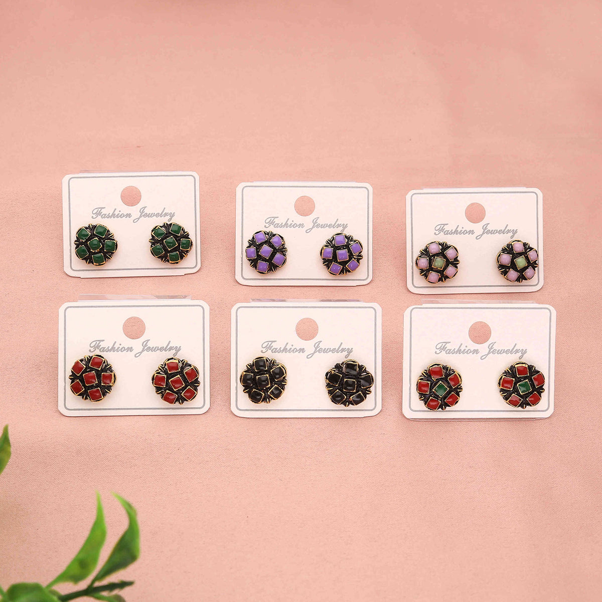 Pack 6 Oxidised Gold Stone Stud Earrings - ESKU30251225