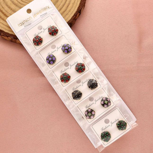 Pack 6 Oxidised Gold Stone Stud Earrings - ESKU30251225